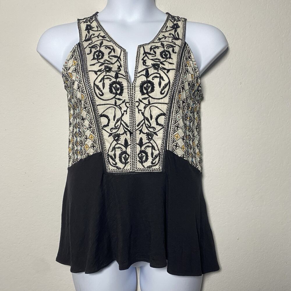 Womens Meadow Rue‎ Embroidered Boho Sleeveless Top Small Art Deco Flowy Summer